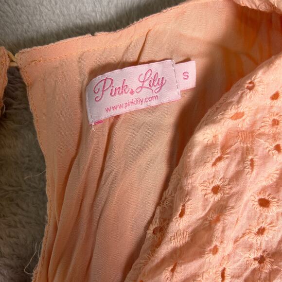 Pink Lily Mini Romper Dress Womens Small Peach Eyelet 100% Cotton Dainty Cottage - Picture 3 of 7